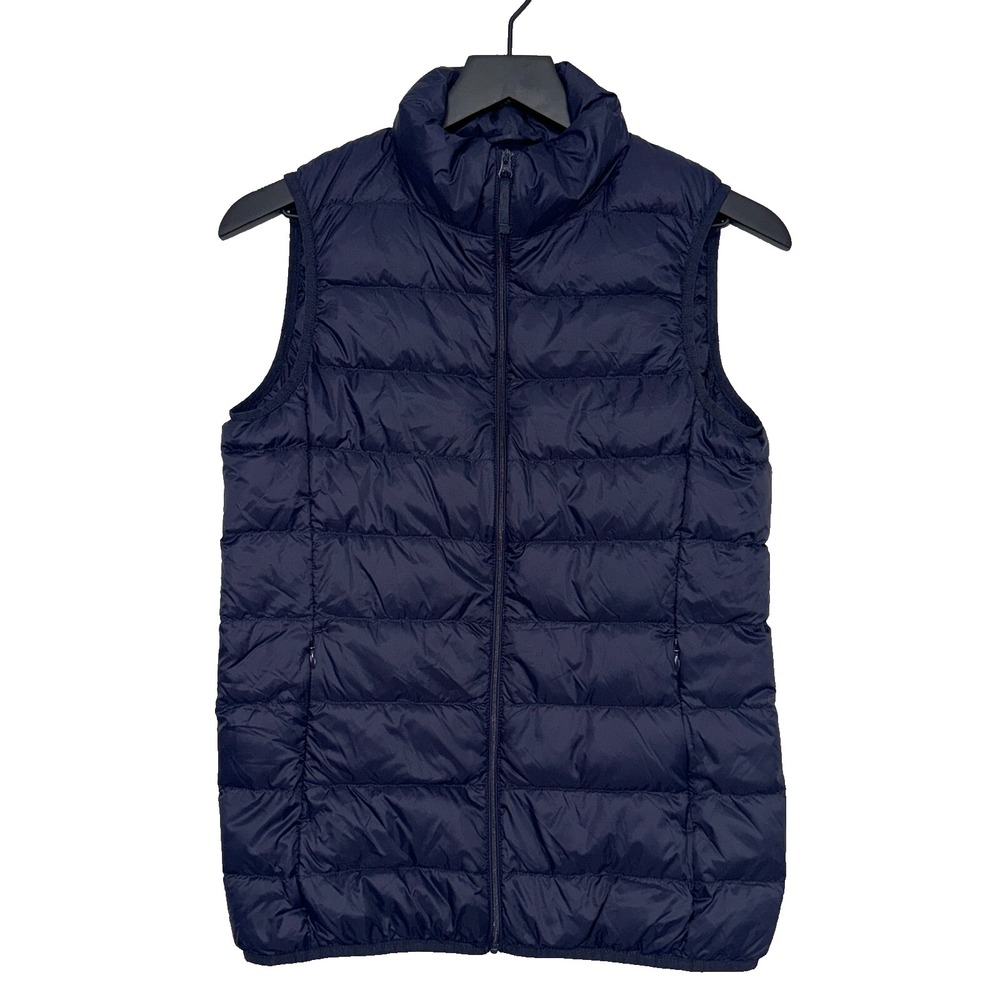 Quince Puffer Vest Small Blue Down Mock‎ Neck Embroidered Logo Full-Zip Preppy